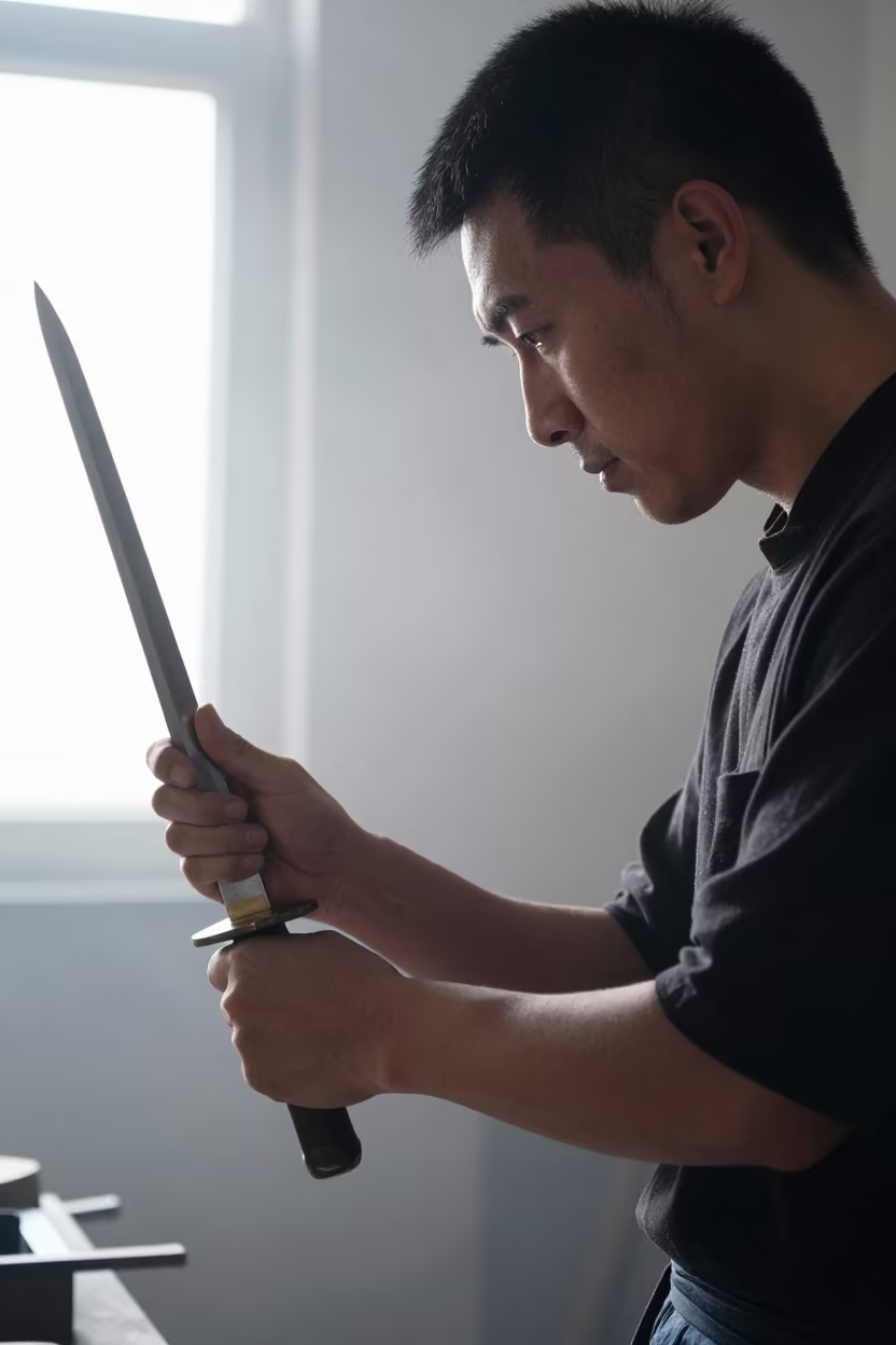 Swordsmith Examining Blade Edge in Jinan Dawn in in Jinan