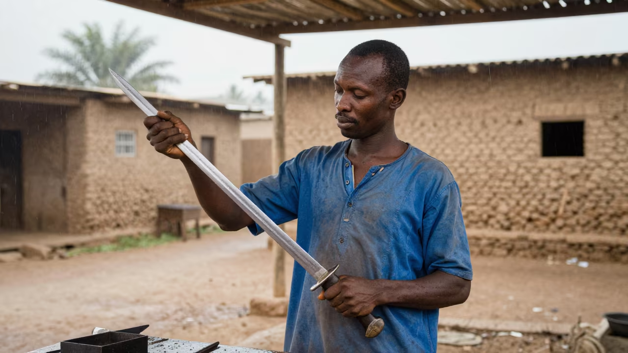 Swordsmith Examining Blade Edge in Niamey in in the old quarter in Niamey