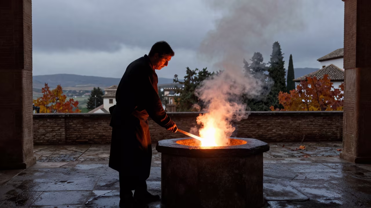 Swordsmith Quenches Blade Before Dawn in Granada Courtyard in in a temple courtyard near Mirador de San Nicolas, Granada