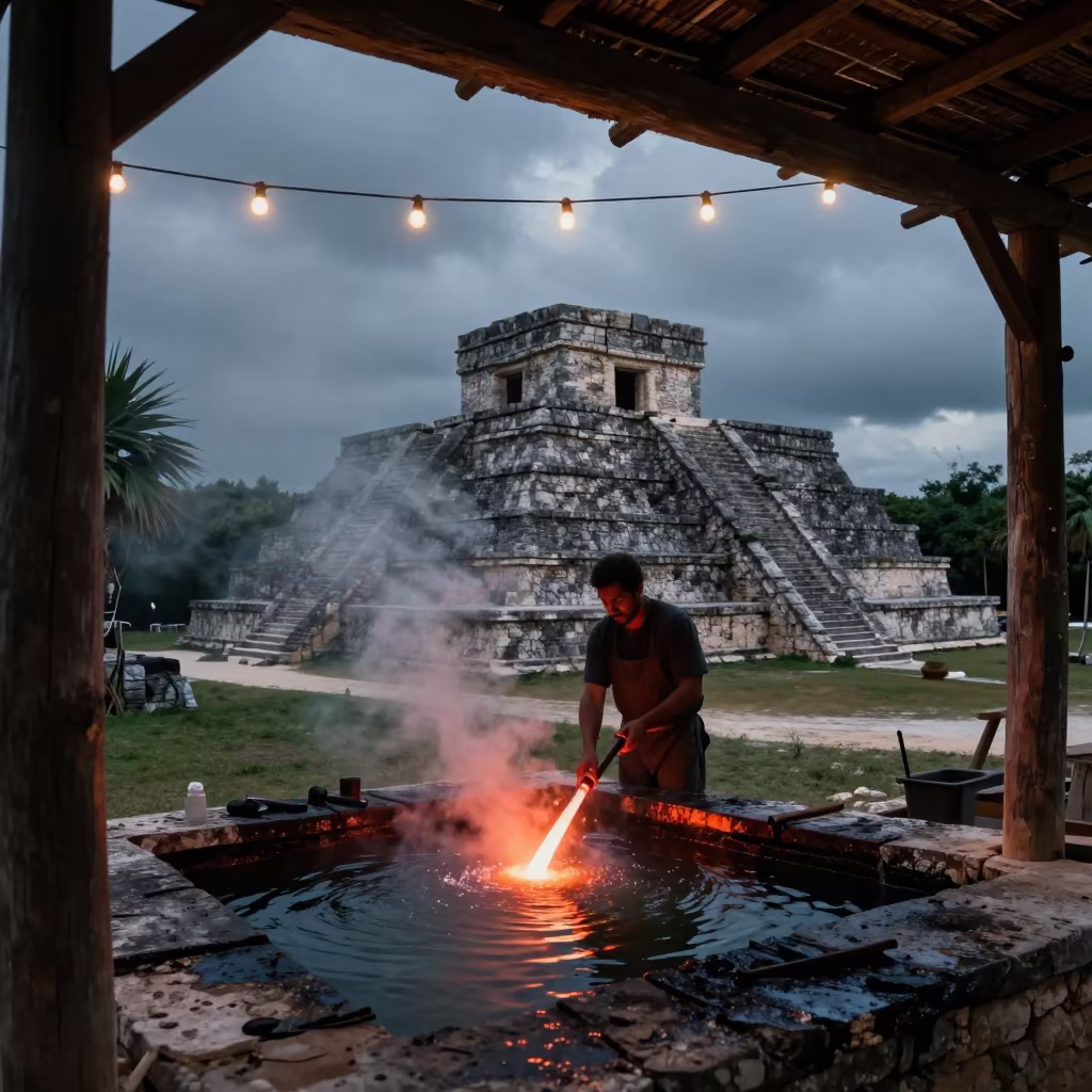 Swordsmith Quenches Blade in Tulum Prayer Hall in in a prayer hall near Tulum
