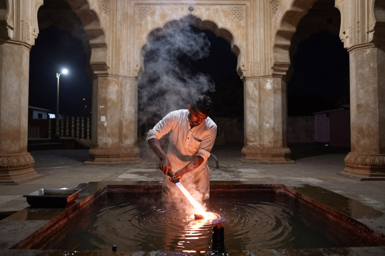 Swordsmith Quenches Blade in Vadodara Prayer Hall in in a prayer hall in Vadodara
