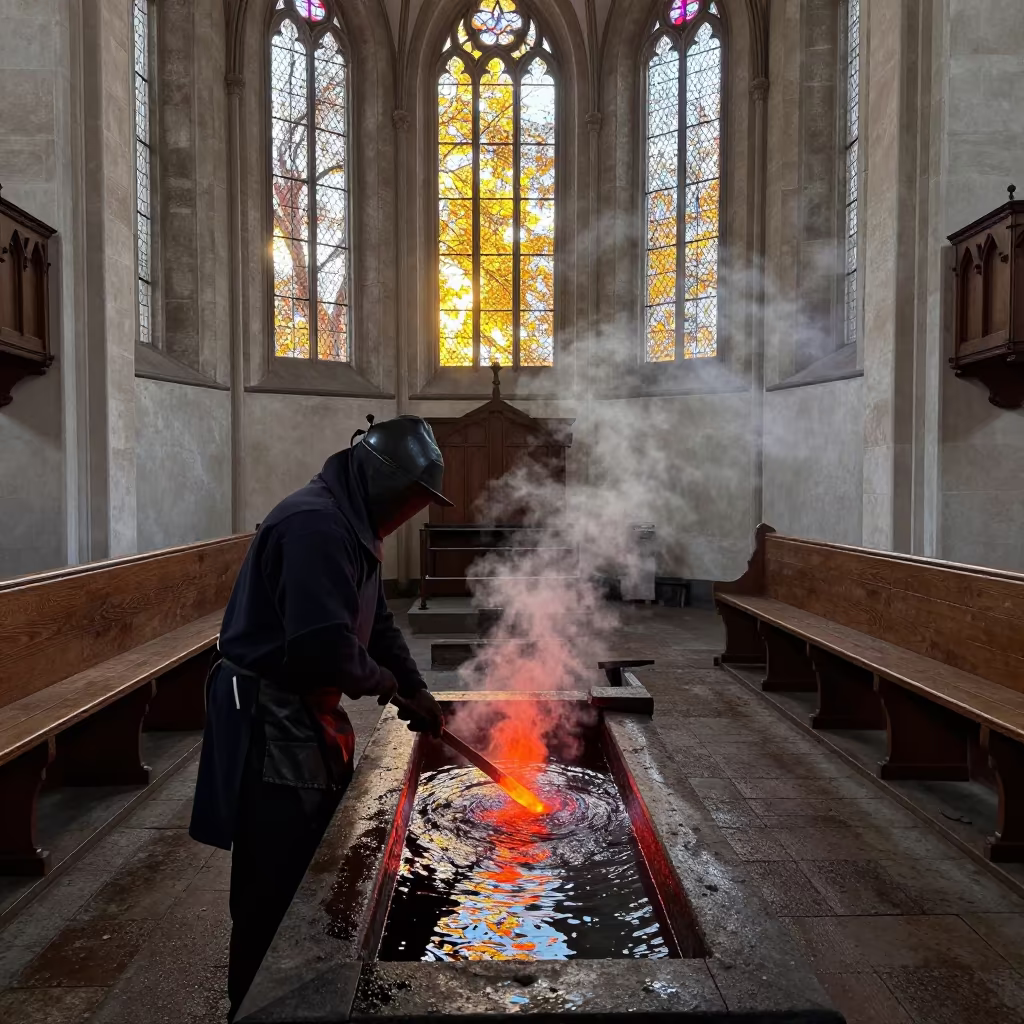 Swordsmith Quenching Blade at Dawn in Odense Prayer Hall in in a prayer hall in Odense