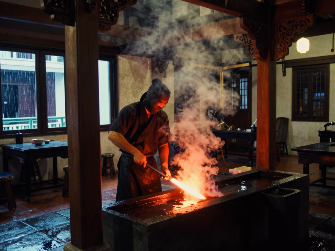Swordsmith Quenching Blade in Kampong Glam Hall in in a ceremonial hall near Kampong Glam, Singapore
