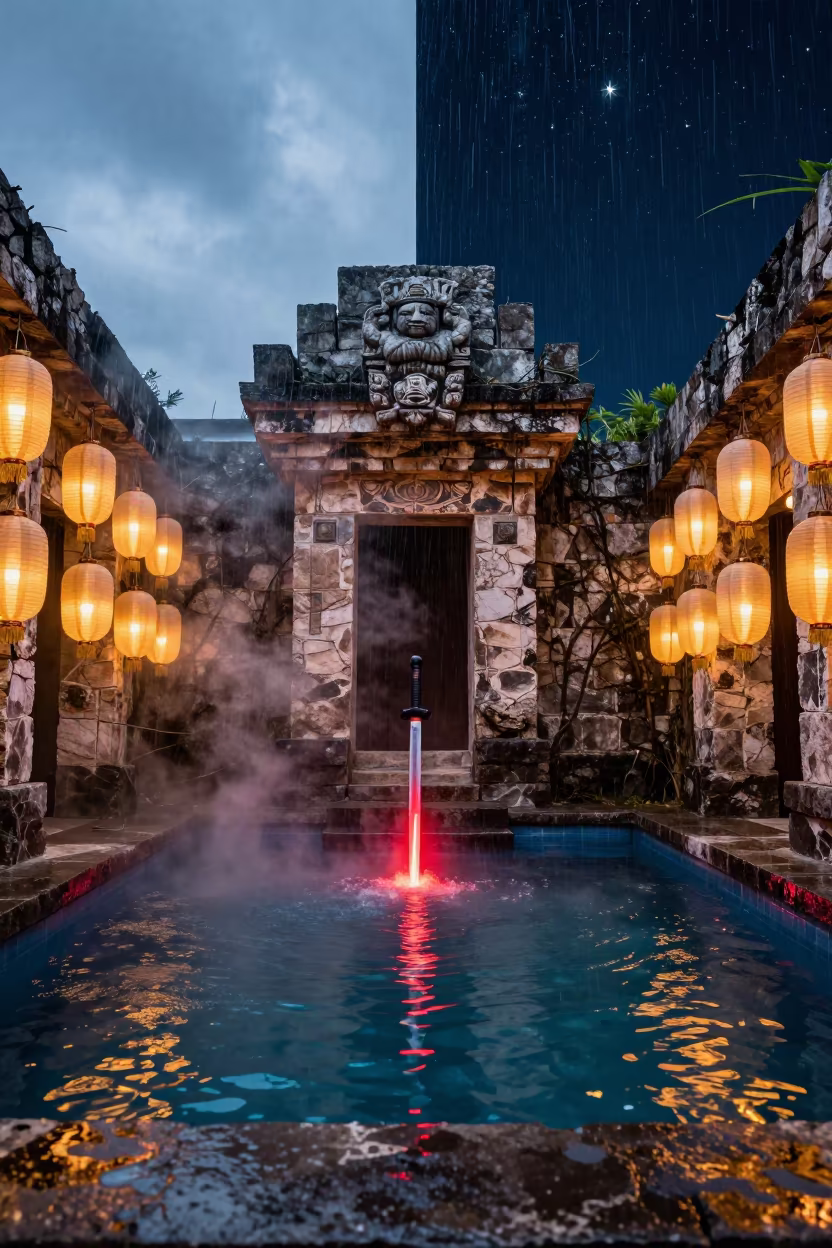 Swordsmith Quenching Blade in Neon Shrine in in a shrine lined with lanterns near Cancun