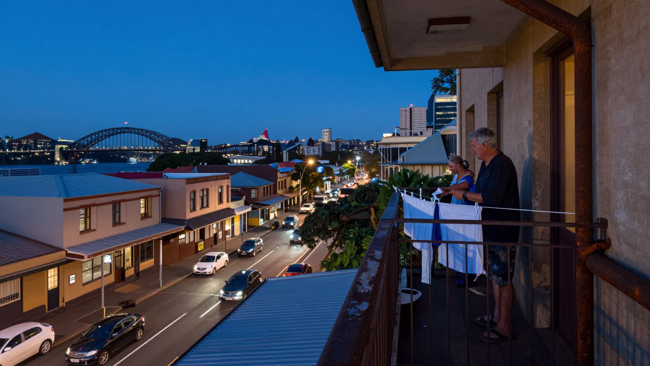 Sydney Balcony Evening Laundry and Rusty Drain in Blue Light in in Sydney, New South Wales, Australia