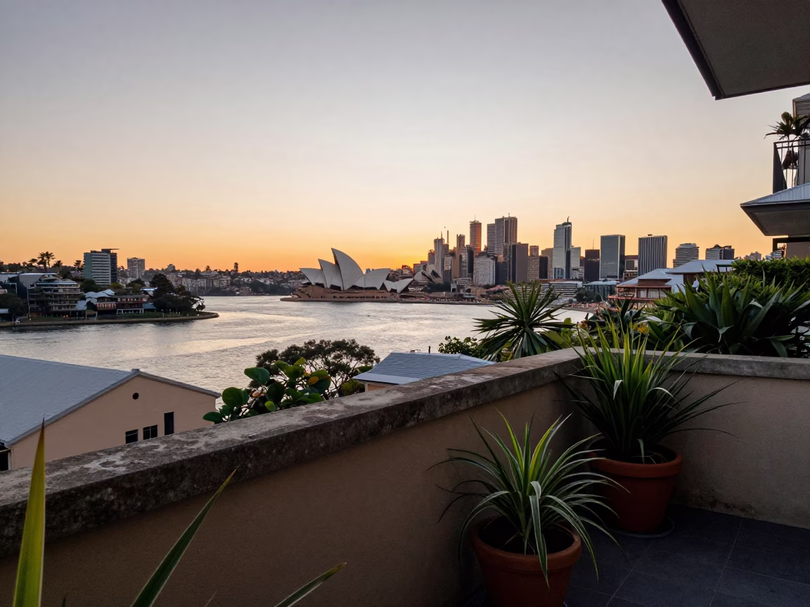 Sydney Balcony Sunset View with Houseplants and Urban Skyline at Dusk in in Sydney, New South Wales, Australia