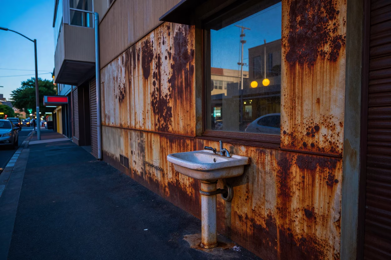 Sydney Blue Hour Street Scene with Rusty Wall and Glass Reflections in in Sydney, New South Wales, Australia