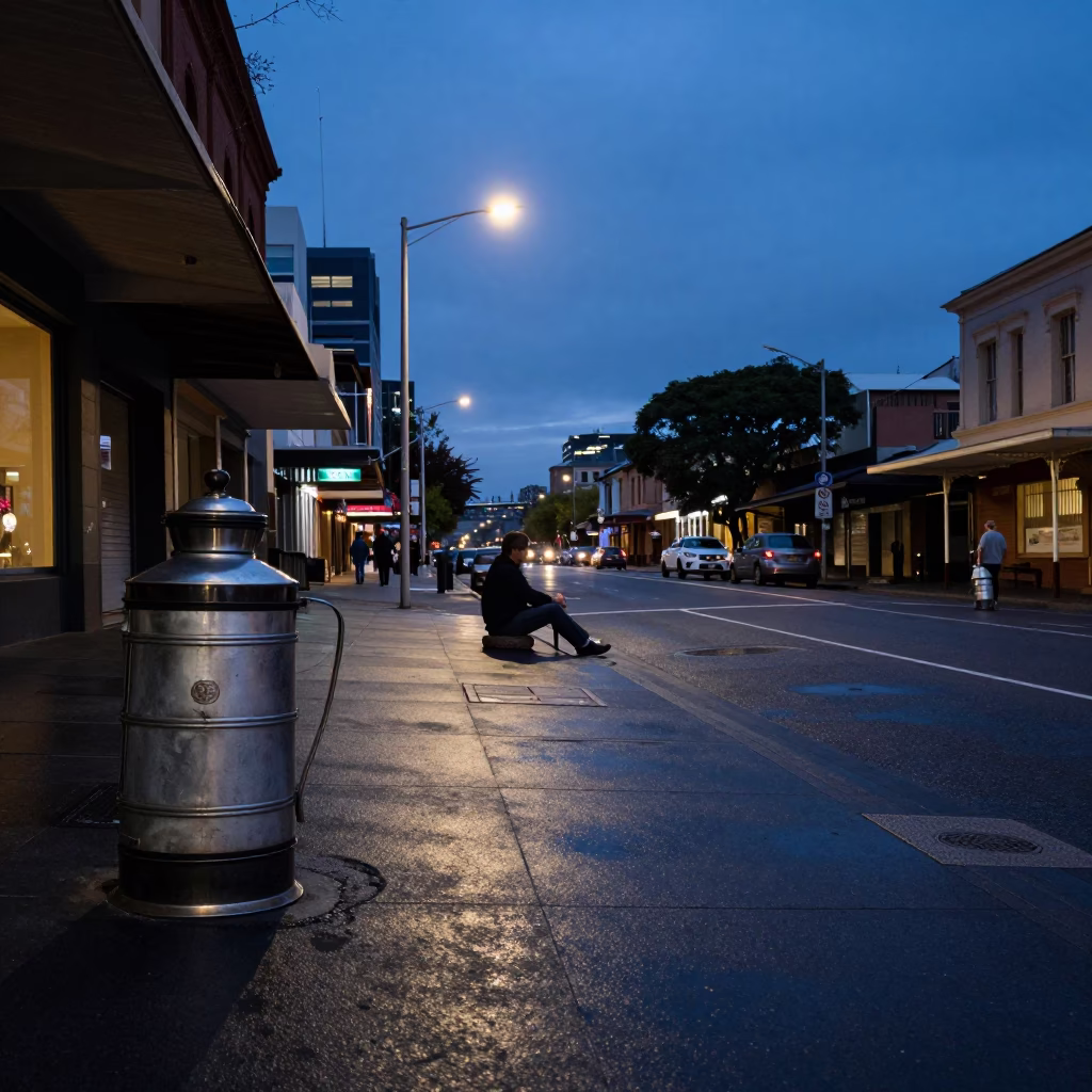 Sydney Blue Hour Street Scene with Vintage Tea Infuser and Urban Details in in Sydney, New South Wales, Australia