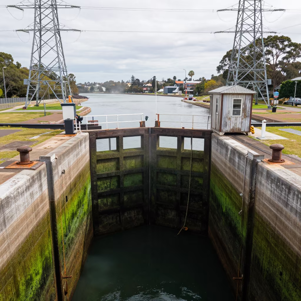 Sydney Canal Lock Algae Slicked Chamber from Above in beneath transmission towers near Sydney