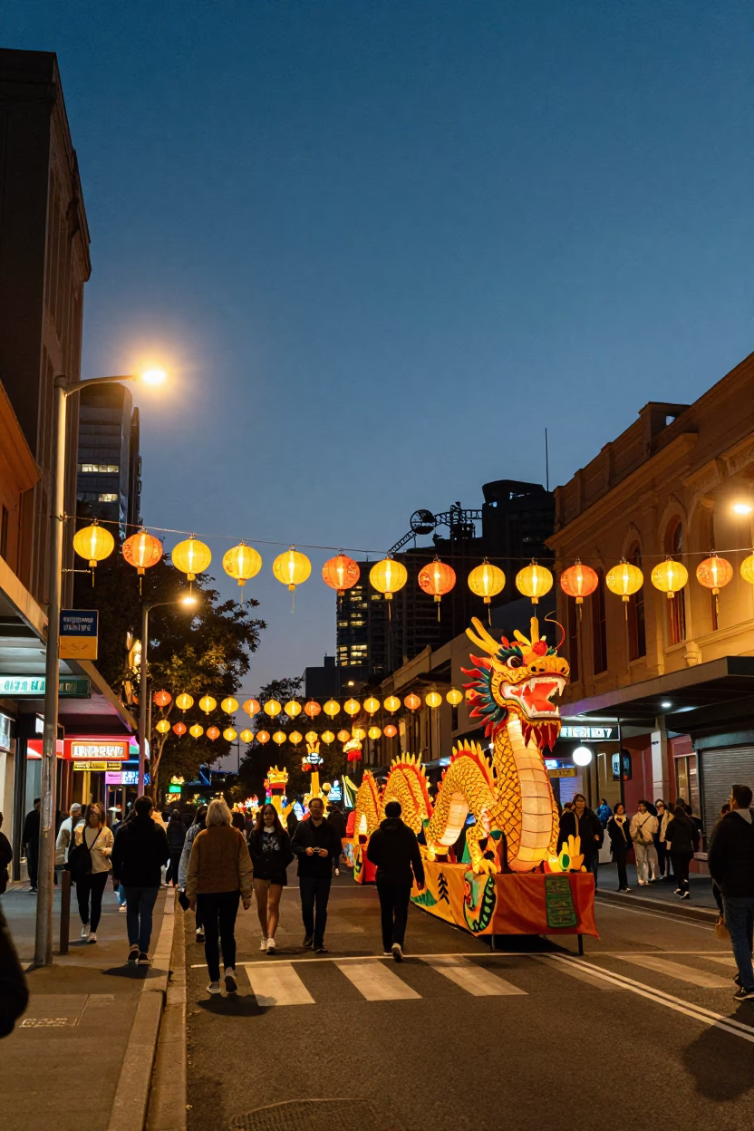 Sydney Chinatown Lanterns and Dragon Parade at Dusk with Busy Crowd in in Sydney, New South Wales, Australia