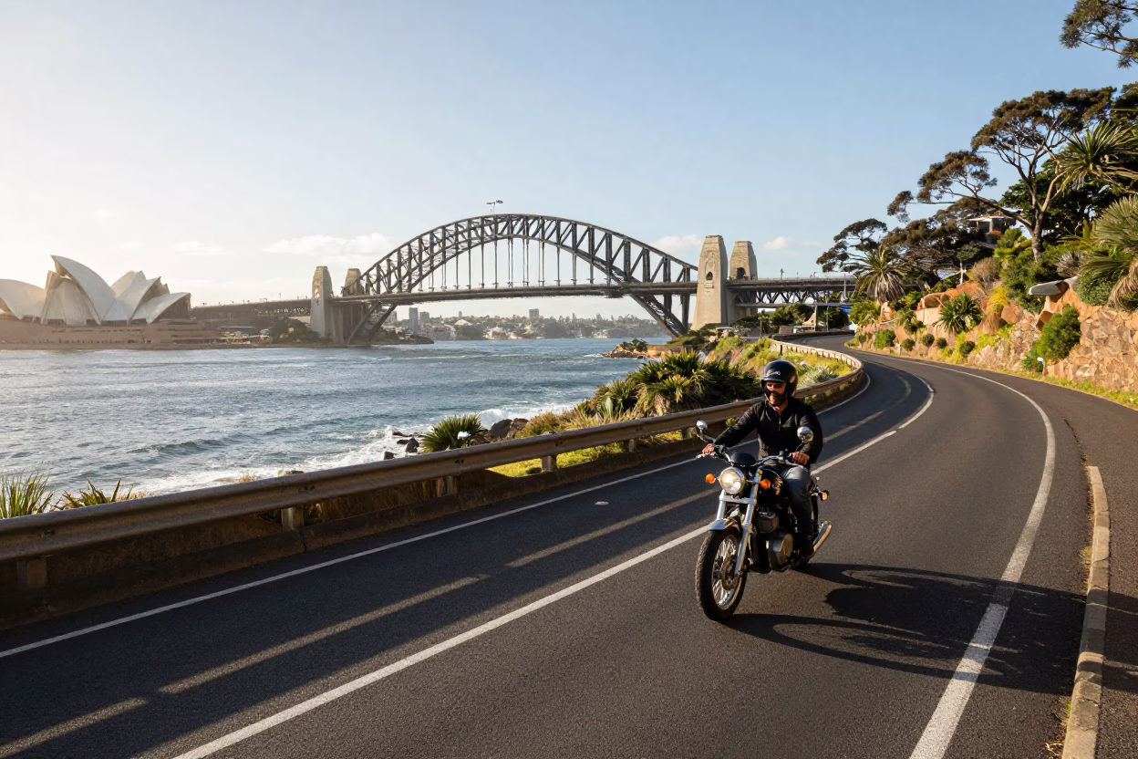 Sydney Coastal Highway Motorcycle Pass by Sea Cliff Bridge Early Afternoon in in Sydney, New South Wales, Australia