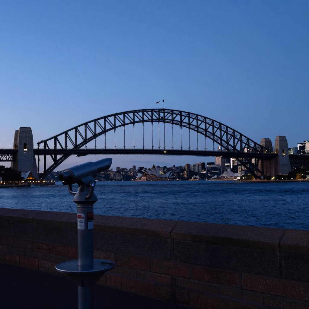 Sydney Dawn Harbor View with Telescope and Urban Architecture in in Sydney, New South Wales, Australia