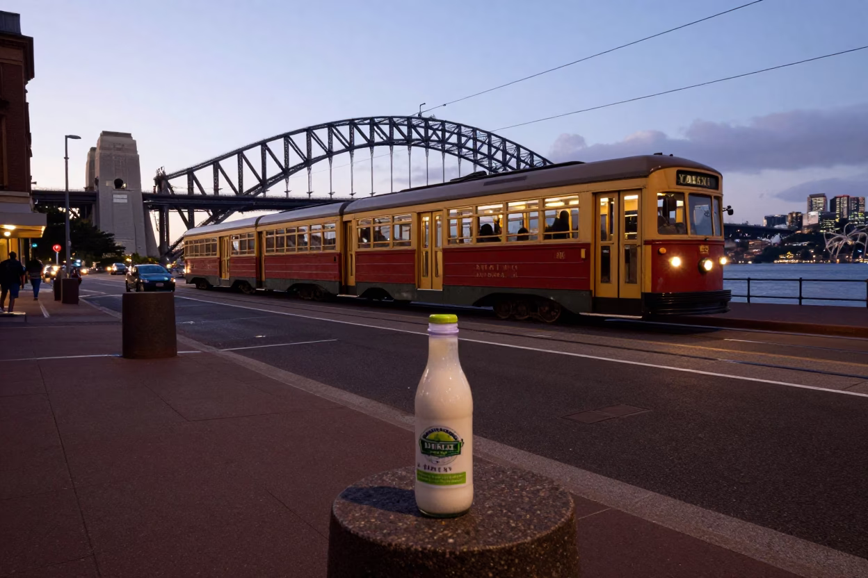 Sydney Dawn Street Scene with Vintage Monorail and Local Market Details in in Sydney, New South Wales, Australia