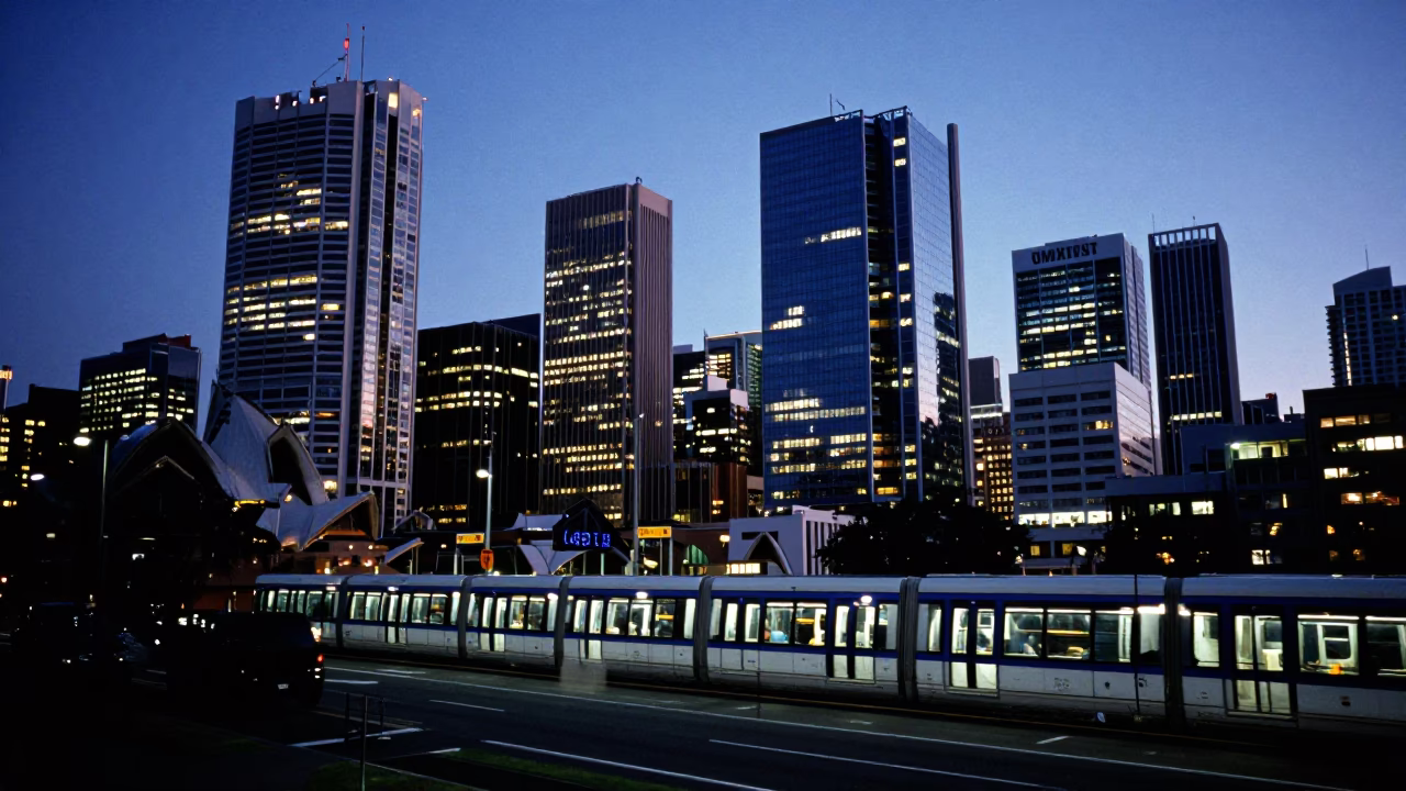 Sydney Evening Monorail Reflection in Glass Skyscraper Window Blue Hour in in Sydney, New South Wales, Australia