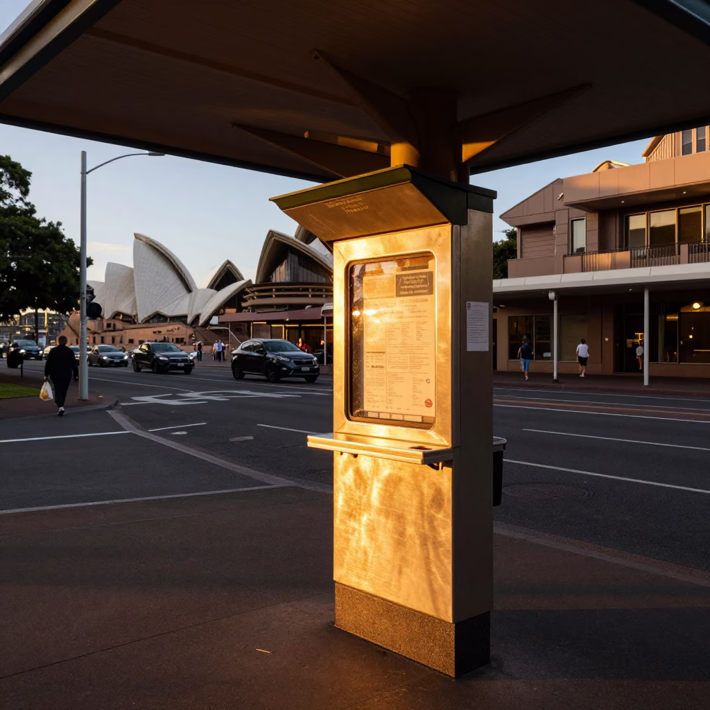 Sydney Evening Street Scene with Hotel Valet Stand and Reflecting Headlight Streaks in in Sydney, New South Wales, Australia