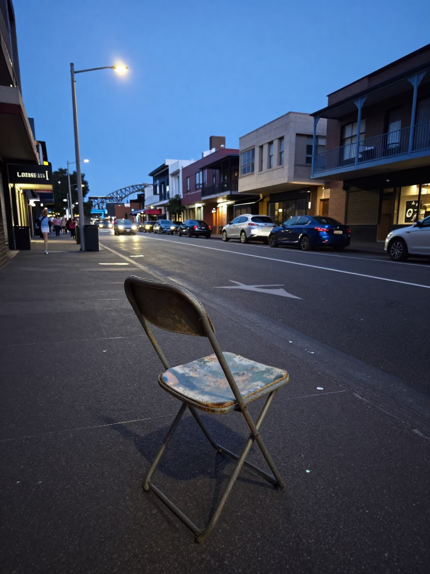Sydney Evening Street Scene with Vintage Folding Chair and Monkey Puzzle Tree in in Sydney, New South Wales, Australia