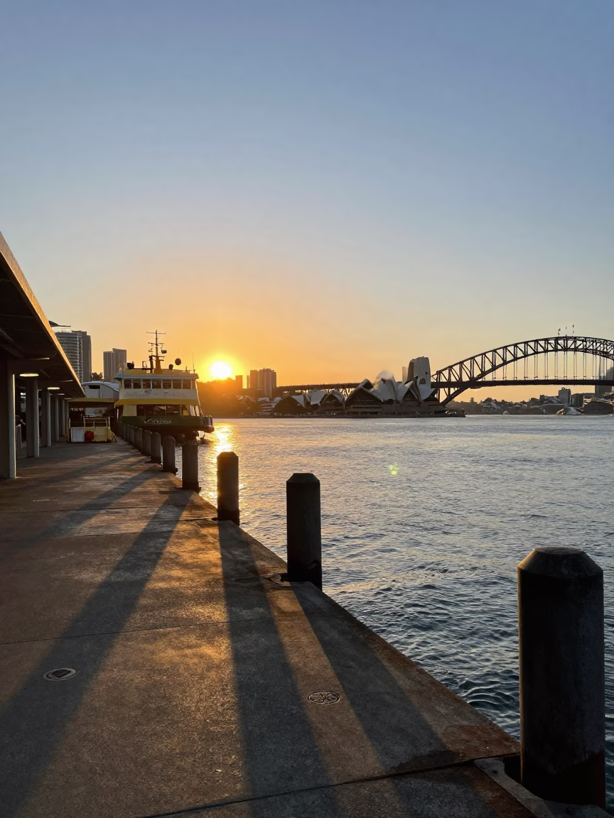 Sydney Ferry Terminal Low Tide Piling System and Urban Horizon at Sunset in in Sydney, New South Wales, Australia
