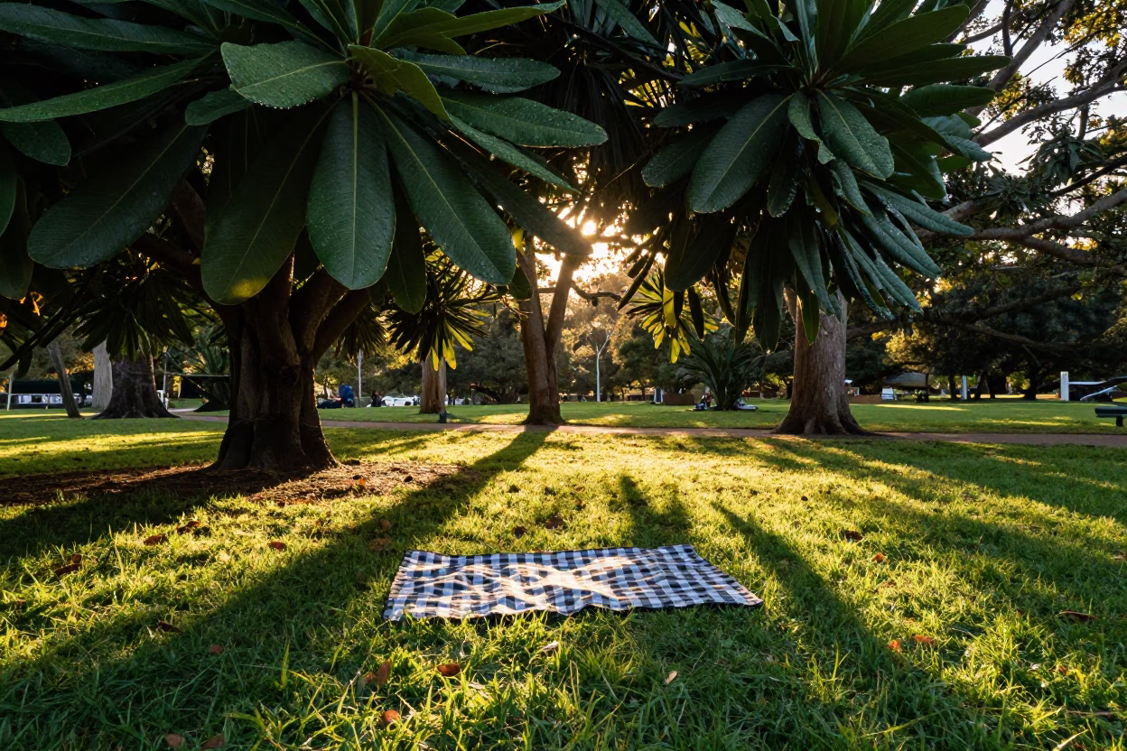 Sydney golden hour picnic scene with water droplets on broad leaves in in Sydney, New South Wales, Australia