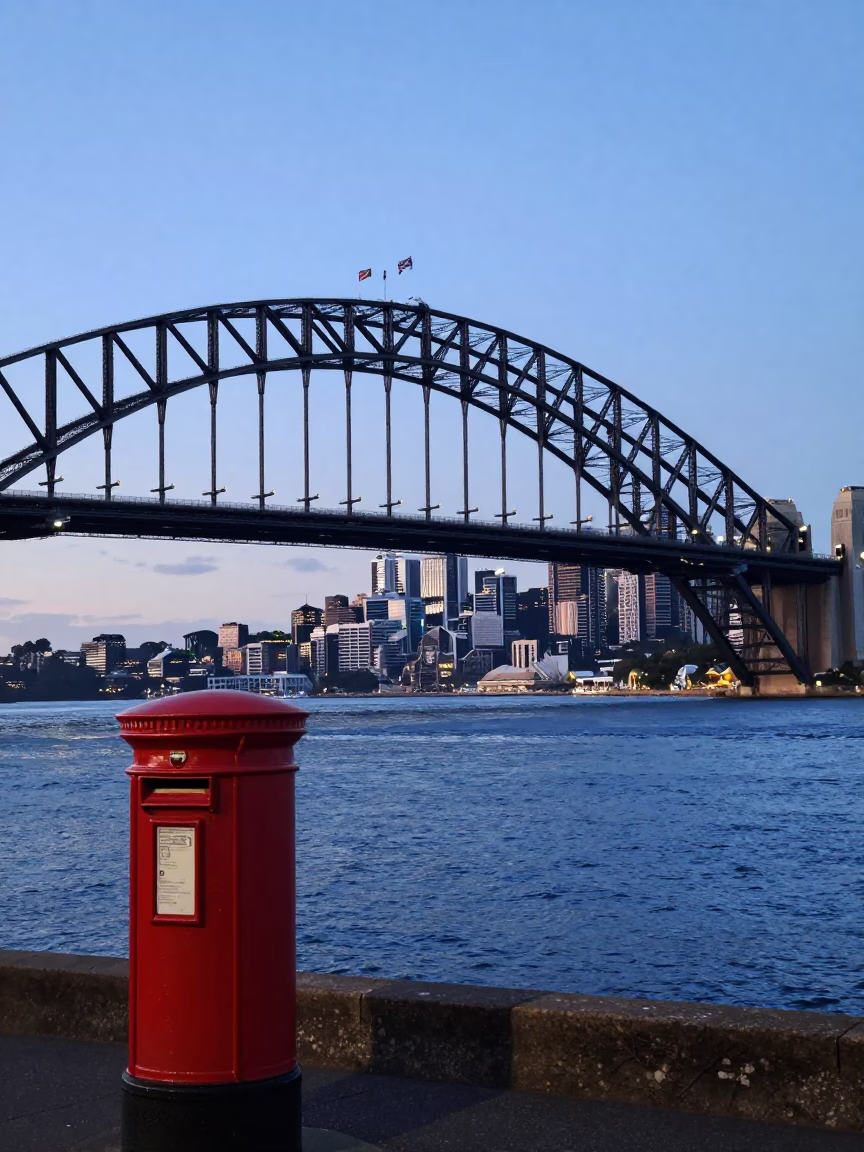 Sydney Harbor Bridge at Dawn with Mailbox and City Skyline in in Sydney, New South Wales, Australia