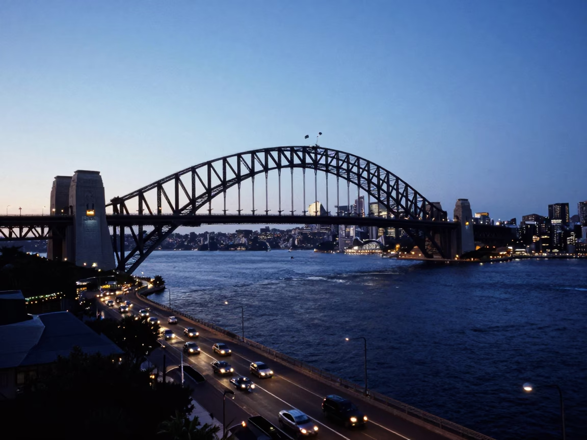 Sydney Harbor Bridge Dawn Traffic Aerial Tramway View Before Sunrise in in Sydney, New South Wales, Australia