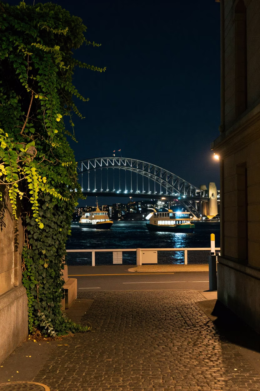 Sydney Harbor Night Scene with Ivy Vines and Urban Street Lamp Lighting in in Sydney, New South Wales, Australia