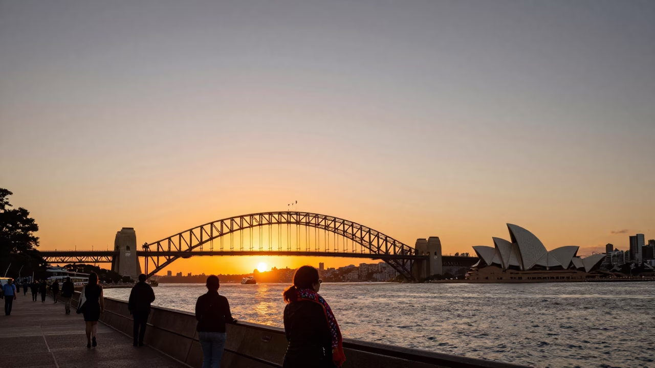 Sydney Harbor Sunset with Commuters and Scarf at Golden Hour in in Sydney, New South Wales, Australia
