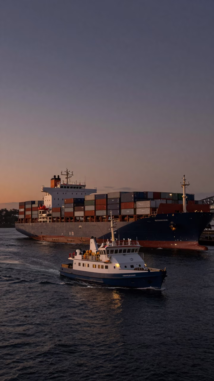 Sydney Harbor Twilight Pilot Boat Navigating Container Ship Past City Skyline in in Sydney, New South Wales, Australia