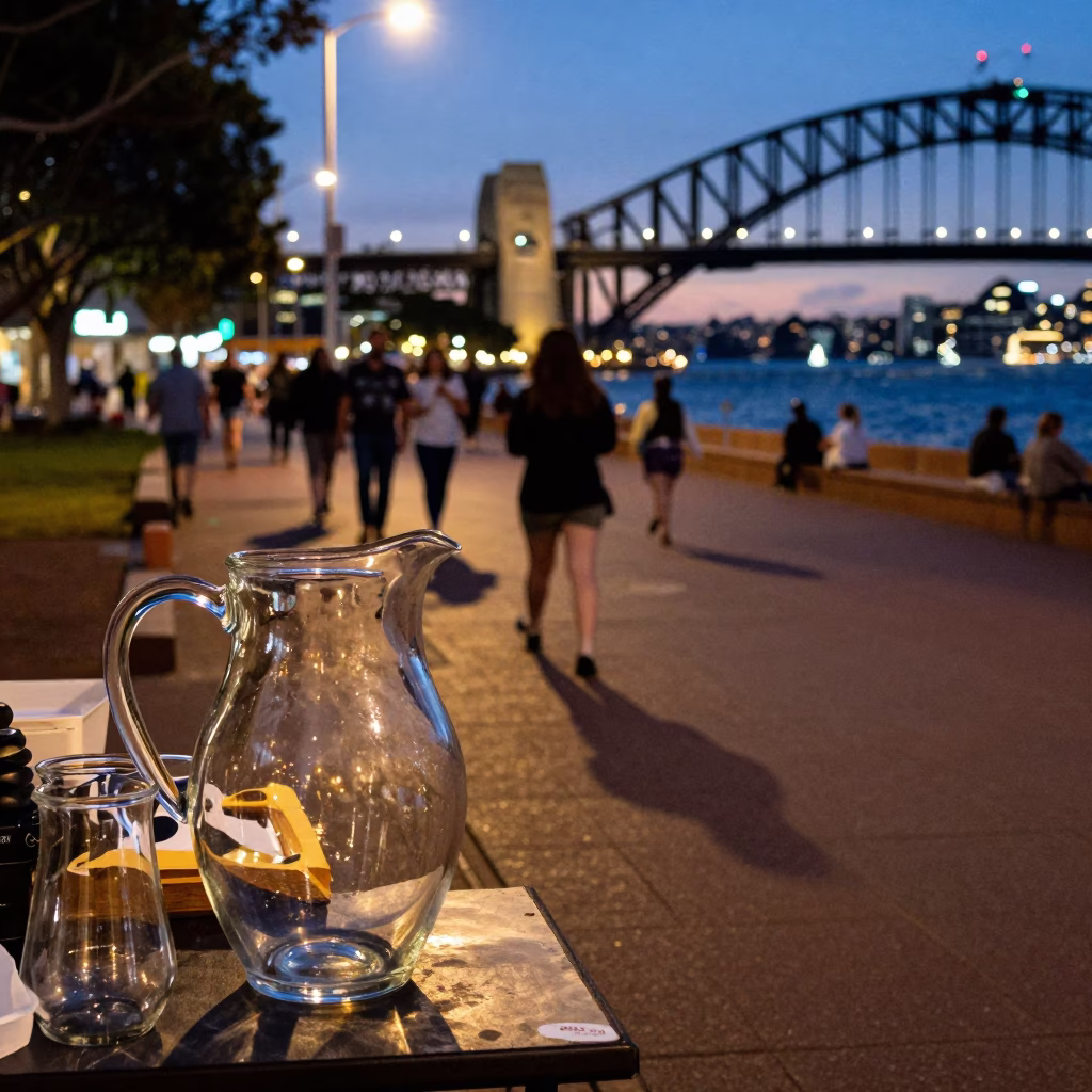 Sydney Harbor Twilight Street Scene with Glass Pitcher and Terracotta Bowls in in Sydney, New South Wales, Australia