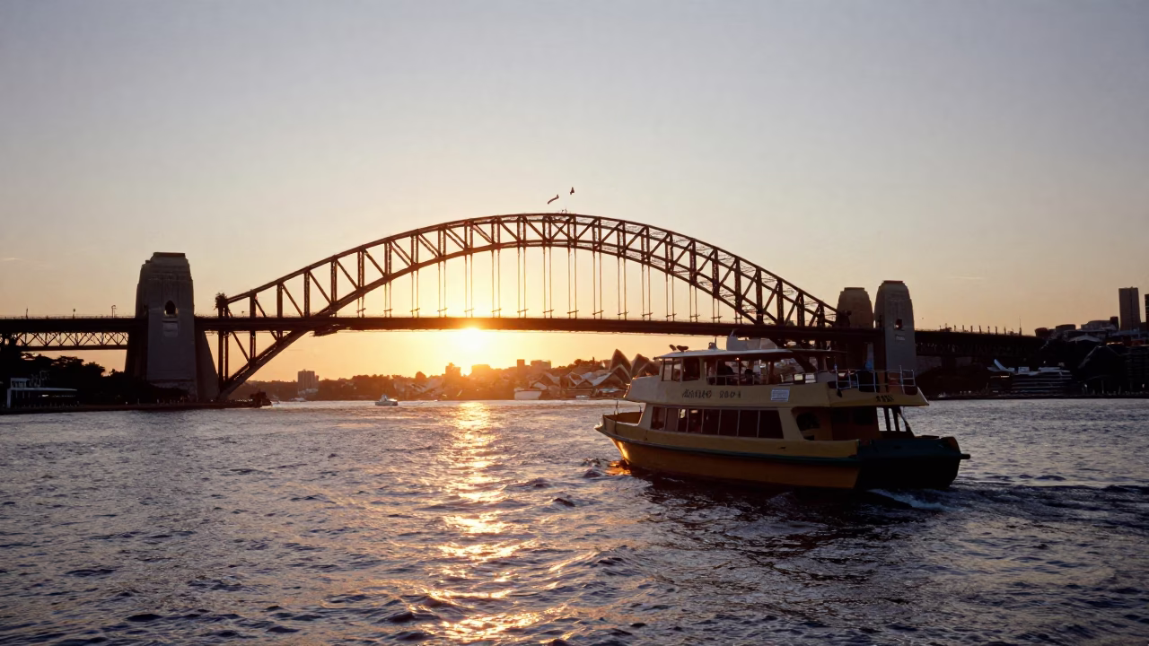 Sydney Harbour at Sunset with Water Taxi and Harbour Bridge in in Sydney, New South Wales, Australia