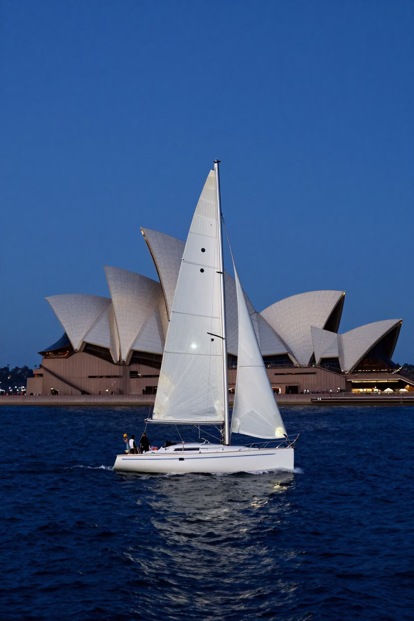 Sydney Harbour Blue Hour Sailboat Tacking Into Headwind Near Opera House in in Sydney, New South Wales, Australia