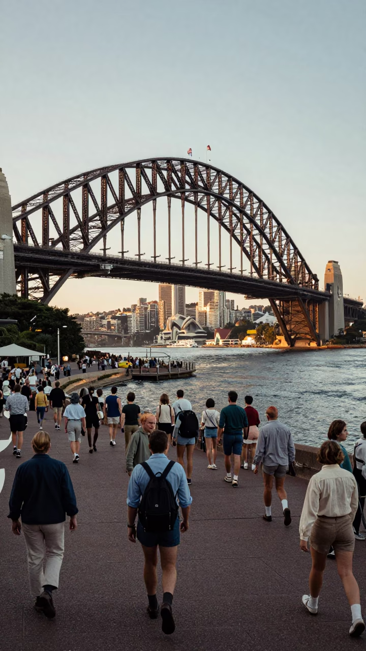 Sydney Harbour Bridge and Circular Quay bustling morning commute with funicular climb in background in in Sydney, New South Wales, Australia