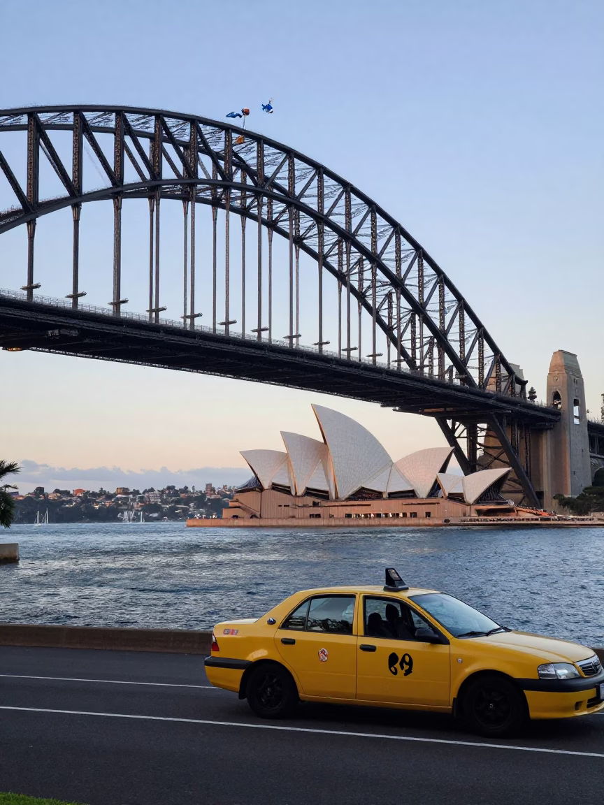 Sydney Harbour Bridge and Opera House at Dawn with Yellow Taxi and Steam Haze in in Sydney, New South Wales, Australia