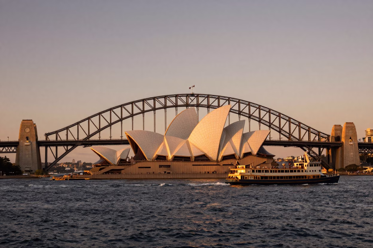Sydney Harbour Bridge and Opera House at Dusk with Busy Traffic and Steamboat in in Sydney, New South Wales, Australia