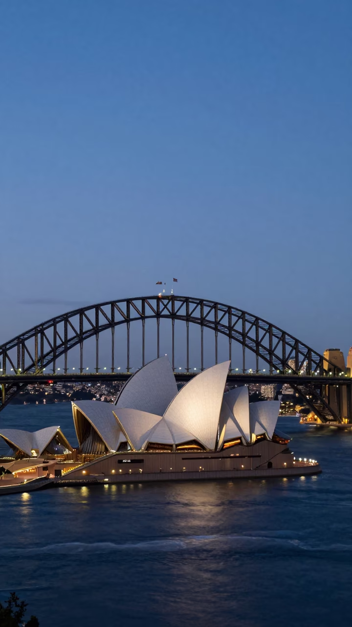 Sydney Harbour Bridge and Opera House at Dusk with Urban Street Life in in Sydney, New South Wales, Australia