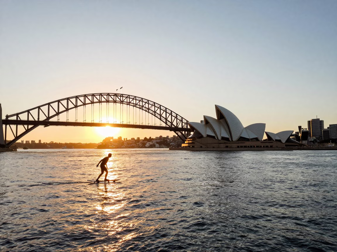 Sydney Harbour Bridge and Opera House at Golden Hour with Longboarder on Coastal Road in in Sydney, New South Wales, Australia