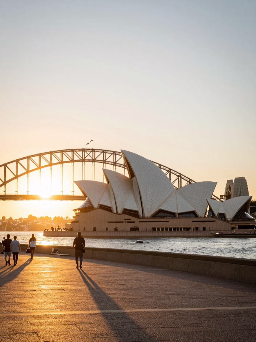 Sydney Harbour Bridge and Opera House at Golden Hour with Waterfront Activity in in Sydney, New South Wales, Australia