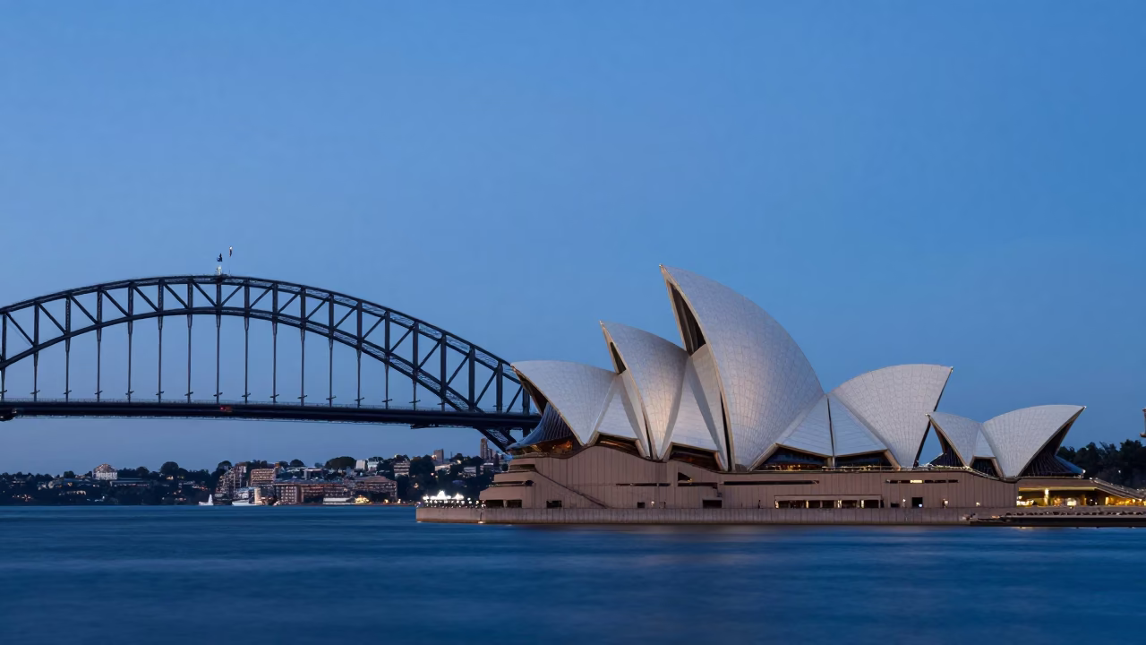 Sydney Harbour Bridge and Opera House at Pre-Dawn Blue Hour with City Lights in in Sydney, New South Wales, Australia
