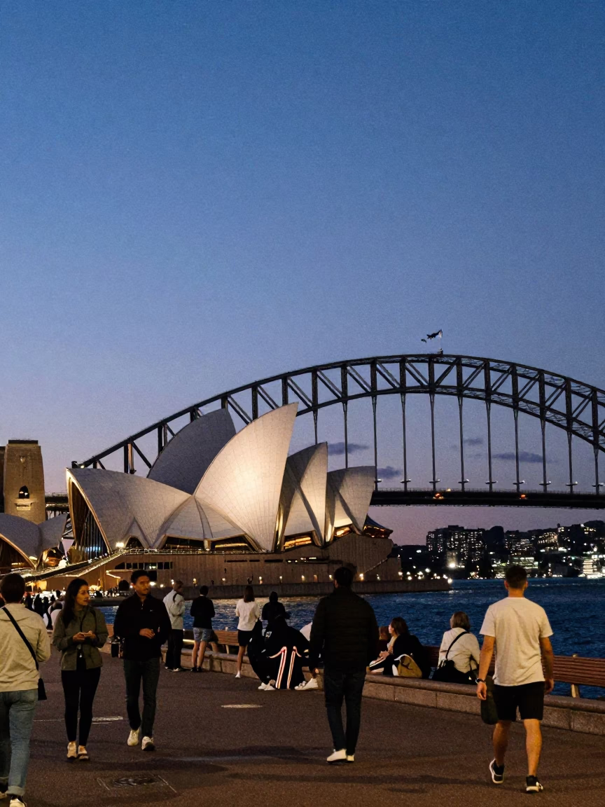 Sydney Harbour Bridge and Opera House at Pre-Dawn with Skateboarder in in Sydney, New South Wales, Australia