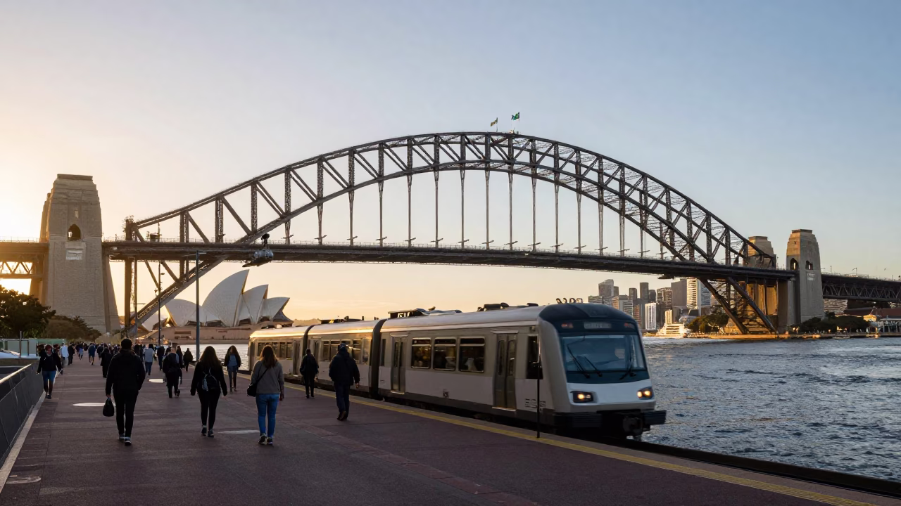 Sydney Harbour Bridge and Opera House at Sunrise with Commuter Train and Brass Rail in in Sydney, New South Wales, Australia