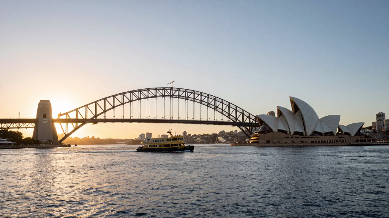 Sydney Harbour Bridge and Opera House at Sunrise with Morning Commuters and Folding Stools in in Sydney, New South Wales, Australia