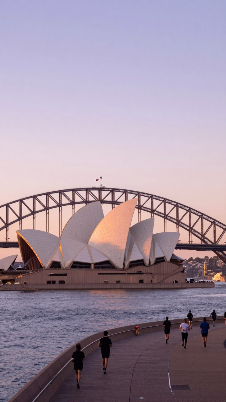 Sydney Harbour Bridge and Opera House at sunrise with street level activity in in Sydney, New South Wales, Australia