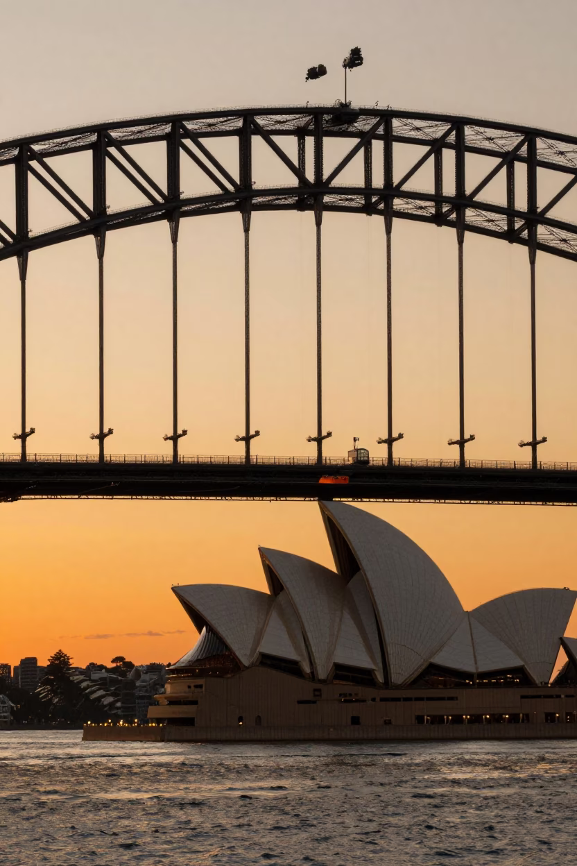Sydney Harbour Bridge and Opera House at Sunset with Street Life and Wicker Shadows in in Sydney, New South Wales, Australia