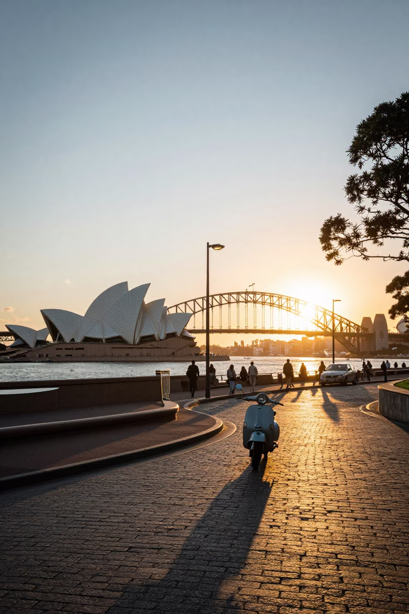 Sydney Harbour Bridge and Opera House at Sunset with Vintage Scooter and Street Scene in in Sydney, New South Wales, Australia