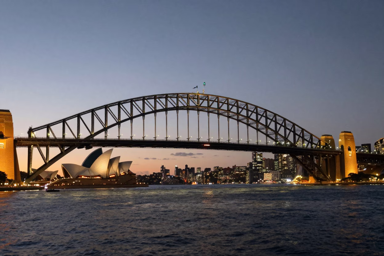 Sydney Harbour Bridge and Opera House at Twilight with Neon Reflections in in Sydney, New South Wales, Australia