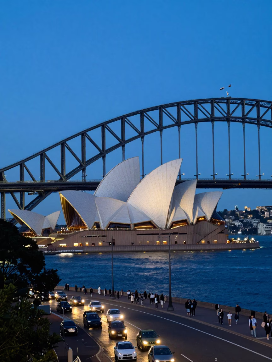 Sydney Harbour Bridge and Opera House Dawn Street Scene with Vintage 1990s Charm Bracelet in in Sydney, New South Wales, Australia