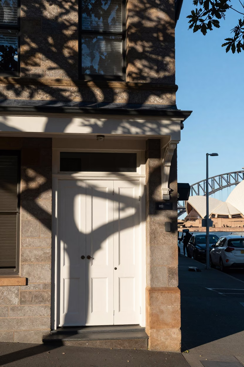 Sydney Harbour Bridge and Opera House Early Afternoon Street Photography with Leaf Shadows in in Sydney, New South Wales, Australia