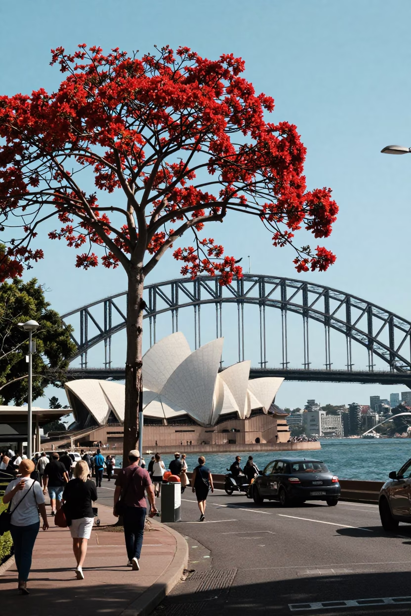 Sydney Harbour Bridge and Opera House Early Afternoon Street Scene with Flame Tree in in Sydney, New South Wales, Australia