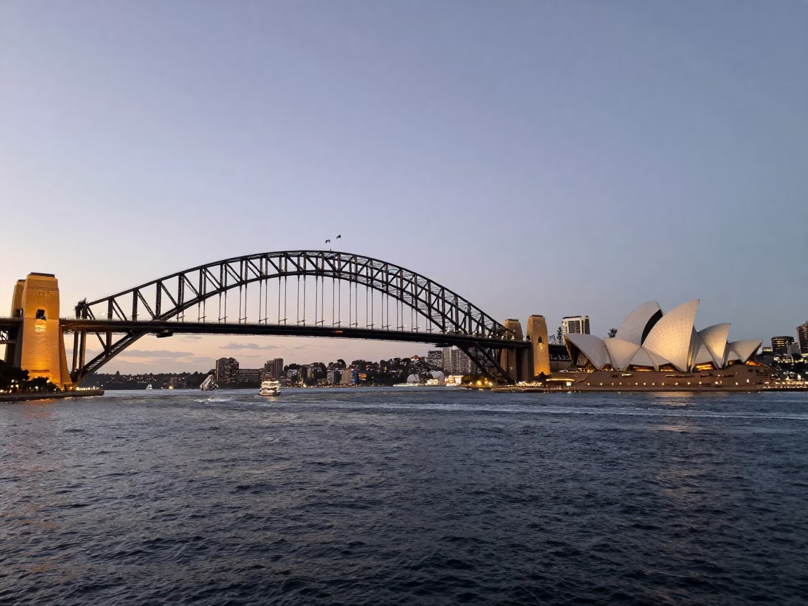 Sydney Harbour Bridge and Opera House Early Evening Cityscape in in Sydney, New South Wales, Australia