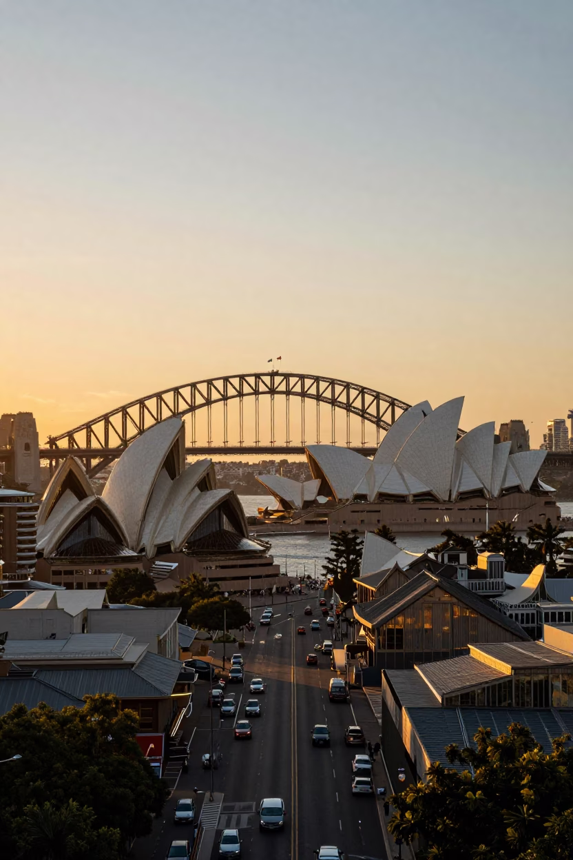 Sydney Harbour Bridge And Opera House From A Busy Street Corner in in Sydney, New South Wales, Australia