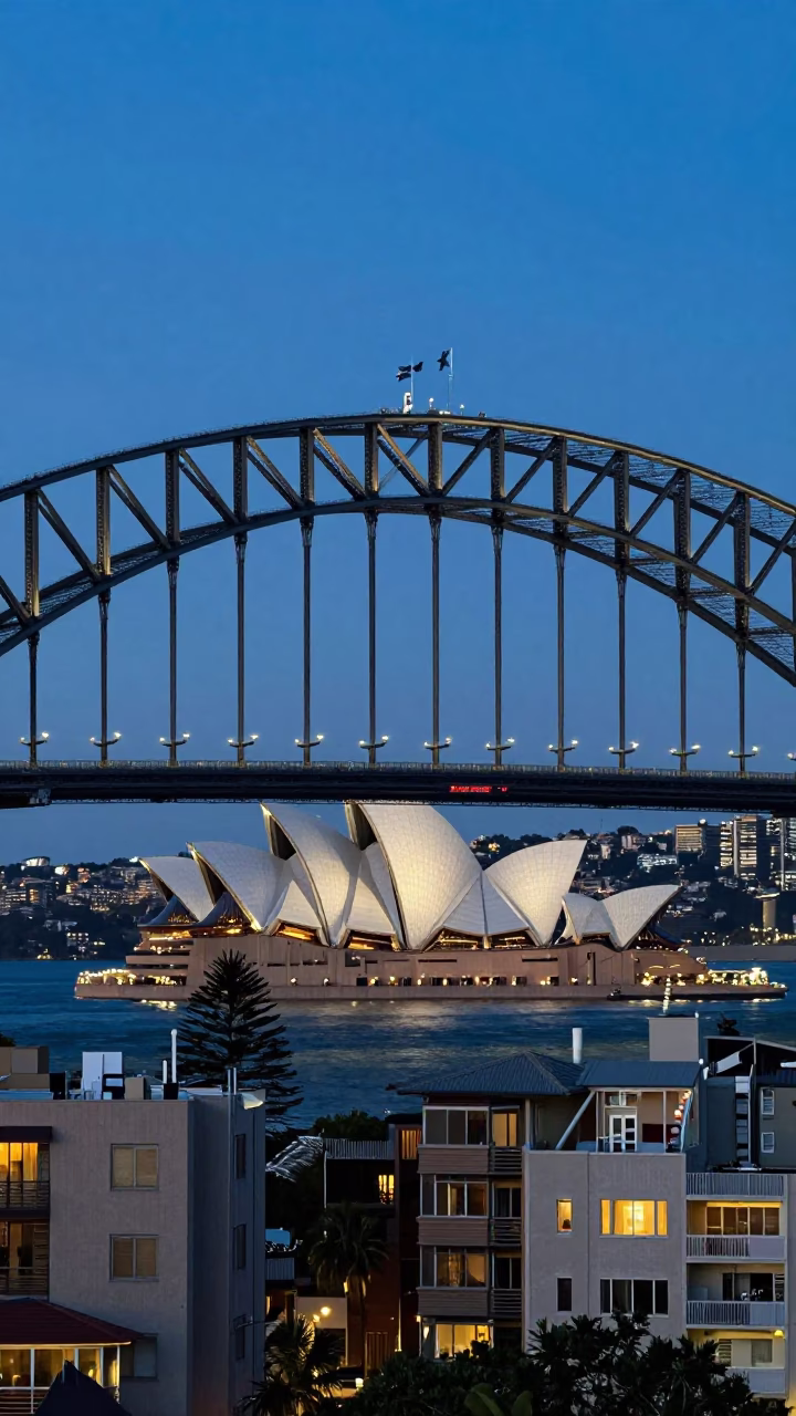 Sydney Harbour Bridge And Opera House From A Residential Balcony at Twilight in in Sydney, New South Wales, Australia